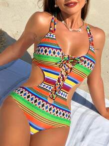 Swim Vcay Women's Summer Beach Striped Geometric Print Cut-Out Halterneck One-Piece Swimsuit