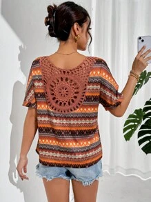 SHEIN Essnce 女式夏季休閒假日針織背面印花幾何圖案T恤，附刺繡 - 彩色 - 查看 7