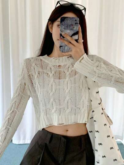 DAZY 女性用 無地 ラウンドネック カジュアル デイリー 長袖セーター シアー 夏、秋服