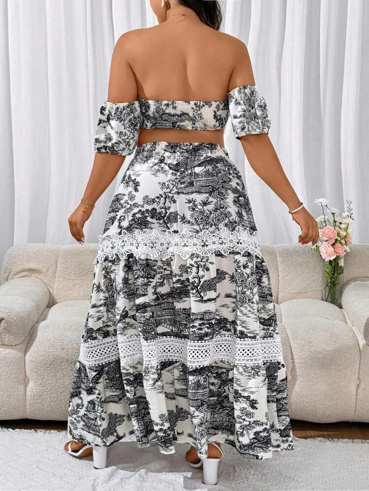 Holiday Style Floral Print Off Shoulder Tie Front Top With Lace Trim + Slit Skirt 2-Piece Set
