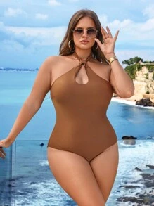 SHEIN Swim Curve Plus-Size Solid Color Cut Out Halter One-Piece Sexy Swimsuit Bathing Suit For Summer Beach - Brown - View 1