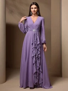 Women's Summer Long Sleeve Draped Ruffle Dress With Rhinestone Decor, Elegant Party Dress - Blue - View 3