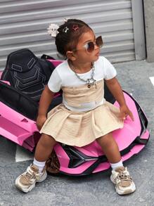 SHEIN Conjunto casual con estilo de vacaciones para bebé niña que incluye top de manga corta color bloque y falda plisada