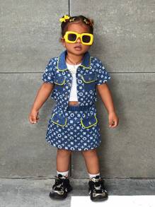 SHEIN Wildeya 3pcs Baby Girls' Denim Top, Short-Sleeve T-Shirt And Skirt Set With Color-Blocking And Full Print Pattern, Fashionable
