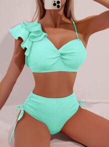 SHEIN Swim Conjunto de biquíni emendado de cor sólida feminina com babados, torção e conjunto de biquíni separado para férias, praia de verão - Baby Azul - Ver 3