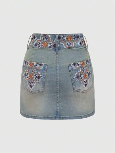 Hippie Women Summer Floral Embroidery Casual Short Denim Skirt