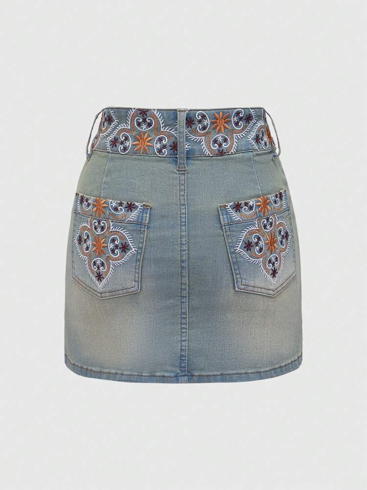 Women Summer Floral Embroidery Casual Short Denim Skirt