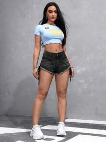 SHEIN EZwear Short en jean pour dames avec ourlet déchiré, poche latérale, nœud avant à œillets - Noir - Voir 5