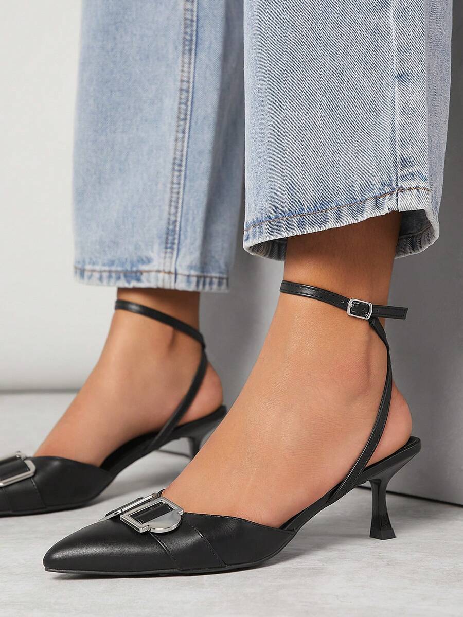 SHUZIA Women's Buckle Decor Ankle Strap High Heel Pumps - Black - View 1