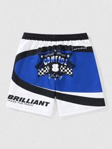 ROMWE MEN Street Life Quần short đua cạp rút màu tương phản thường ngày cho nam có in chữ, thích hợp mặc hàng ngày vào mùa hè, đi học - Nhiều màu - Xem 2