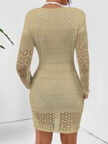 SHEIN Clasi Women Solid Color Simple Daily V-Neck Long Sleeve Hollow Knit Sweater Dress Fall Cloth For Women - Khaki - View 2