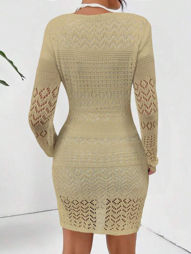 Women Solid Color Simple Daily V-Neck Long Sleeve Hollow Knit Sweater Dress Fall Cloth For Women