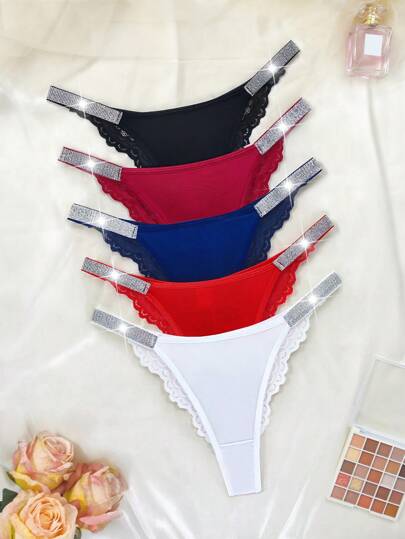 MidnightGlam 女士蕾丝边闪亮弹力腰丁字裤性感内衣，5 件/包