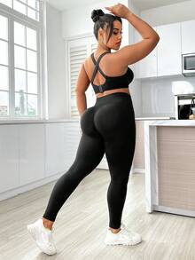 Gameset SHEIN Sport 大碼夏季純色高彈力運動裝 - 黑色 - 查看 2