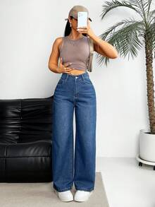 SHEIN EZwear Quần jean ống đứng thông thường dành cho nữ, denim đã giặt - Màu xanh lam - Xem 2