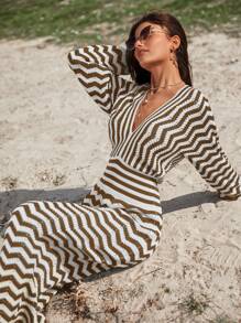 RueChic Women Long Sleeve Striped V-Neck Long Crochet Cover Up Dress, For Summer Beach Vacation - Beige - View 6