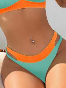 SHEIN Swim 女性色塊中空比基尼下褲，適用於海灘假期，夏日海灘泳裝 - 彩色 - 查看 3