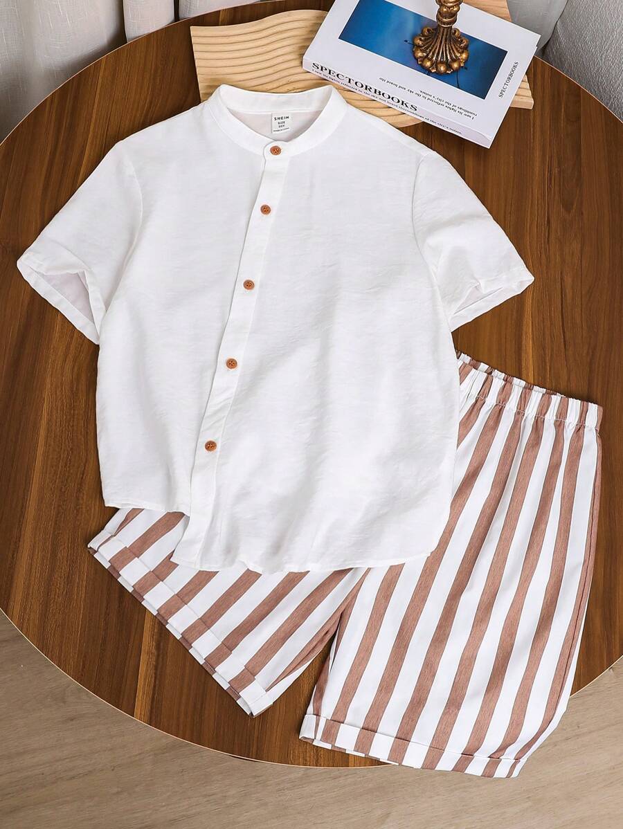 SHEIN Tween Boy Two-Piece Set Of Striped Short-Sleeved Shirt With Slanting Placket And Shorts