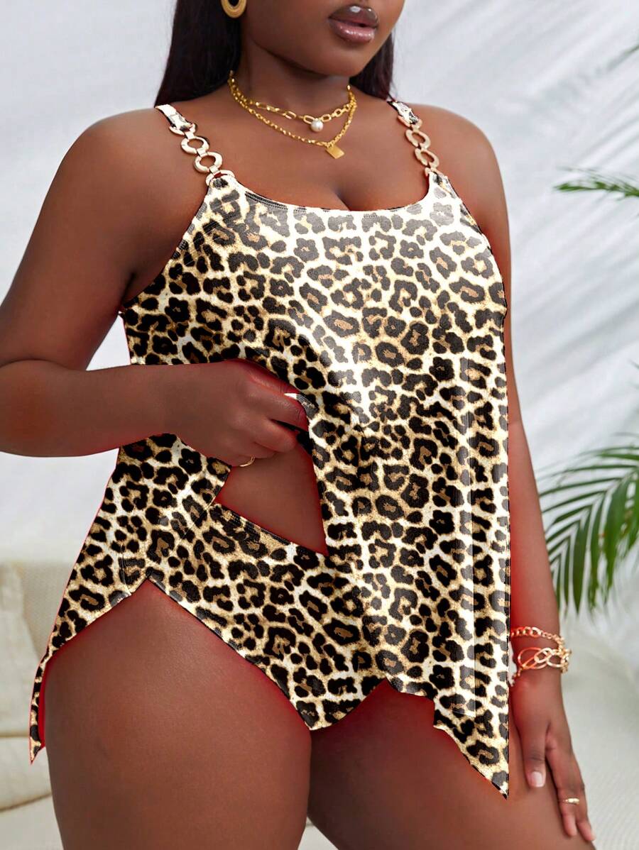 Slaydiva Modisches Leopardenmuster ärmelloses Badekleid Große Größen für Damen