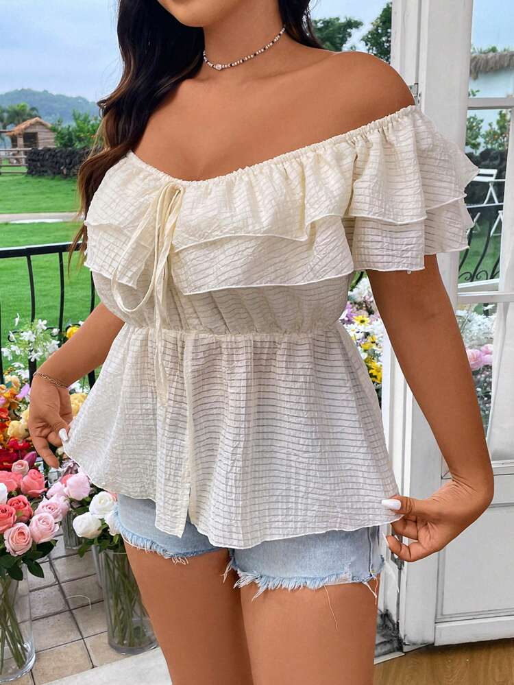 Plus Size Summer Holiday Solid Textured Shirt With Ruffled Waist