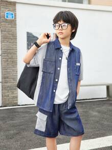 SHEIN Set estivo per ragazzi adolescenti, composto da una camicia a maniche corte con righe e patchwork abbinata a shorts cargo - Multicolore - Visualizzare 1