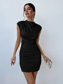 Aloruh Đầm ngắn ôm sát đơn giản với cổ đứng, tay ngắn kiểu cánh bướm và xếp ly, thích hợp cho phụ nữ đi chơi, màu mơ. - màu đen - Xem 4