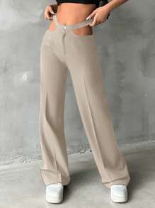 EURMUSE Ladies" High Waist Hollow Out Design Straight-Leg Trousers - Beige - View 1