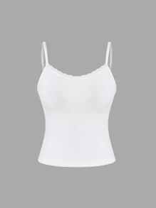 Sweetra Solid Color Lace Patchwork Ribbed Knit Camisole, Summer Casual Tank Top