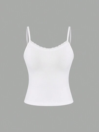 Sweetra Enfärgad spets Patchwork Ribbstickad camisole, sommar Casual Linne