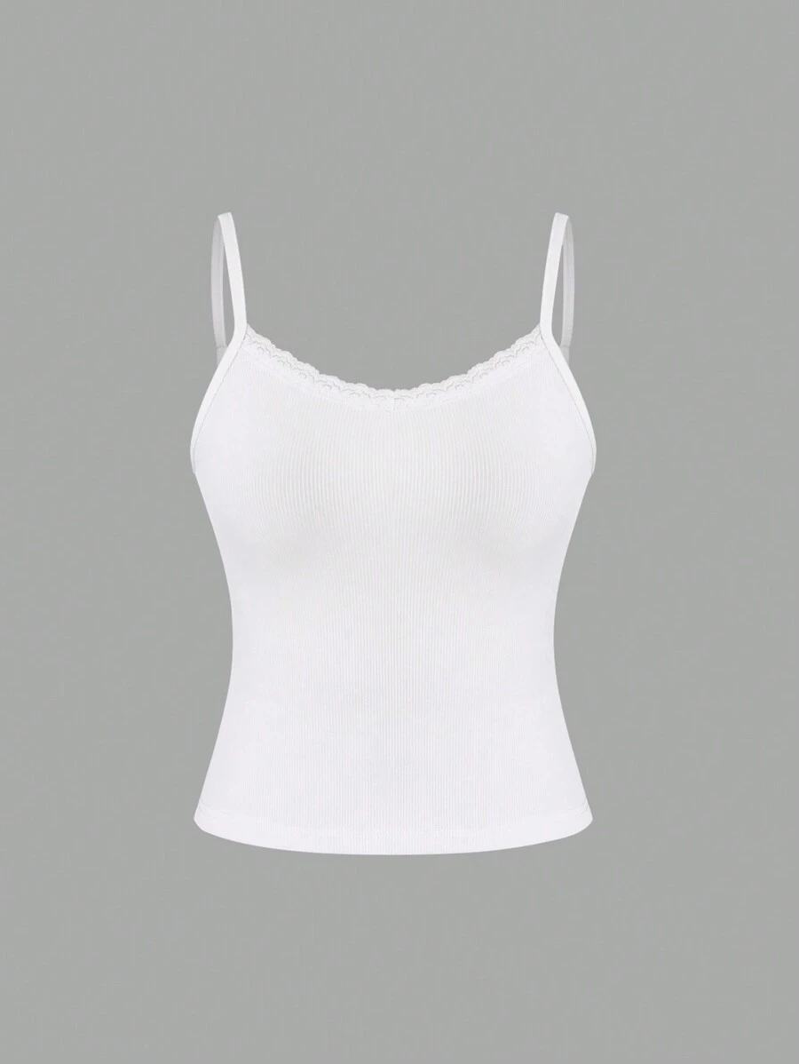 Sweetra Solid Color Lace Patchwork Ribbed Knit Camisole, Summer Casual Tank Top