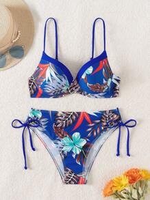 SHEIN Swim Bộ Bikini Đi Biển Kỳ Nghỉ Nữ Nhiệt Đới In Hình Cây Nhiệt Đới Gợi Cảm, Underwire Cup (Họa Tiết Hoa Ngẫu Nhiên) - Màu xanh lam - Xem 4