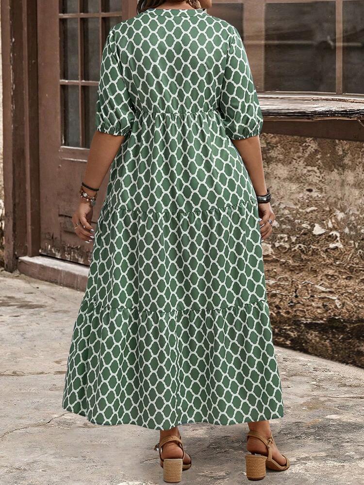 Plus Size Women's Geometric Printed Notched Short Puff Sleeve Loose Long Dress With Pockets, Summer,Beach Dress Sundress,Holiday Outfits Boho