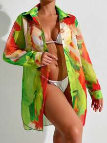SHEIN Swim Women Allover Print Full Button Front Long Sleeve Kimono Cover Up With Collar,Summer Beach