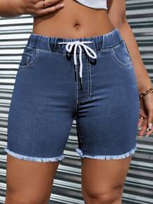 Women's Frayed Hem Drawstring Denim Shorts With Patch Pockets - Dark Wash - View 1