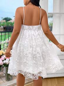 Sunnyshic Plus Size Solid Color Spaghetti Strap Dress With Romantic Embroidery For Summer - White - View 2