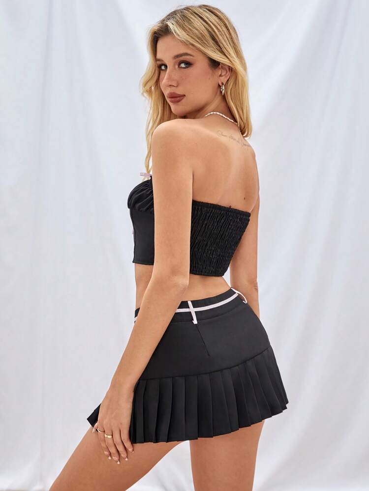 Sweet Black & Pink Strapless Crop Top And Ultra-Skirt Set