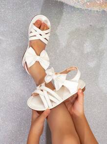 Sandalias planas para niñas con correa trenzada a rayas y decoraciones de lazo - Blanco - Ver 4