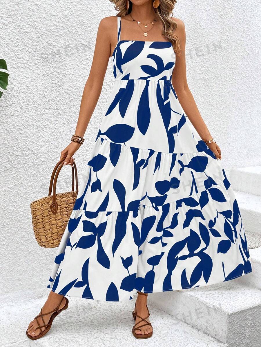 Breezaya Vestido maxi de mujer con volantes, estampado, estilo de vacaciones, para verano, para uso en la playa