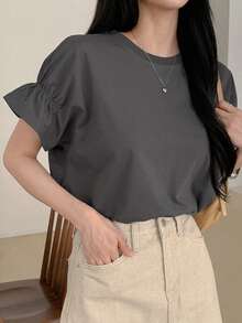 DAZY Camiseta de cuello redondo casual de mujer para el verano en unicolor con dobladillo de volantes y ajuste holgado