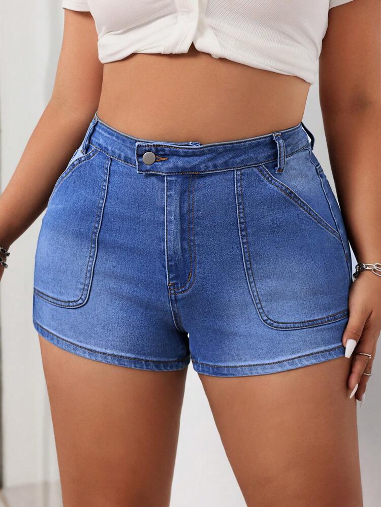 Plus Size Women's Casual Denim Shorts With Pockets