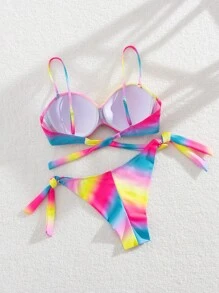 SHEIN Swim Ladies' Bikini Set, PUSH UP And Gather With Underwire, Random Printed Pattern,Summer Beach