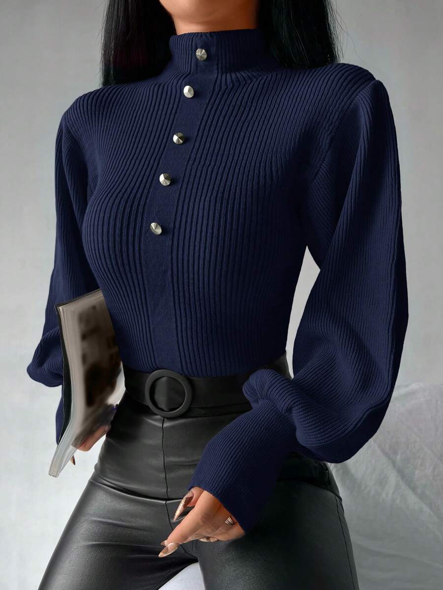 EURMUSE Mock Neck Lantern Sleeve Half Button Sweater - Black - View 1