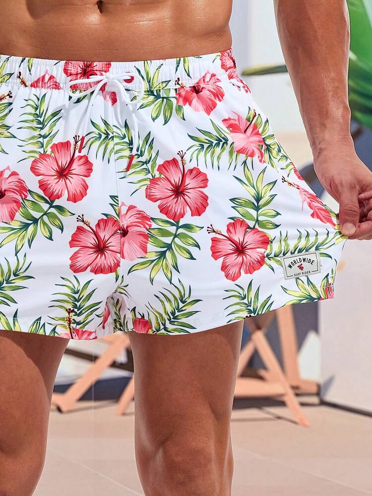Men's Floral Printed Drawstring Beach Shorts, Vacation