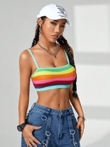 SHEIN EZwear 彩虹針織吊帶上衣，女士街頭穿搭春夏必備 - 彩色 - 查看 1