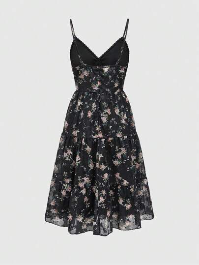 Fairycore Summer Casual Ditsy Floral Lace Trimmed Strappy Dress