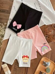SHEIN ModeFlare Wear Cute Baby Girl Casual Short Bottoms With Bear, Rainbow, And Bow Illustration, 3pcs Set (Pink, White, Black), Suitable For Summer, Daily Wear, And Commuting