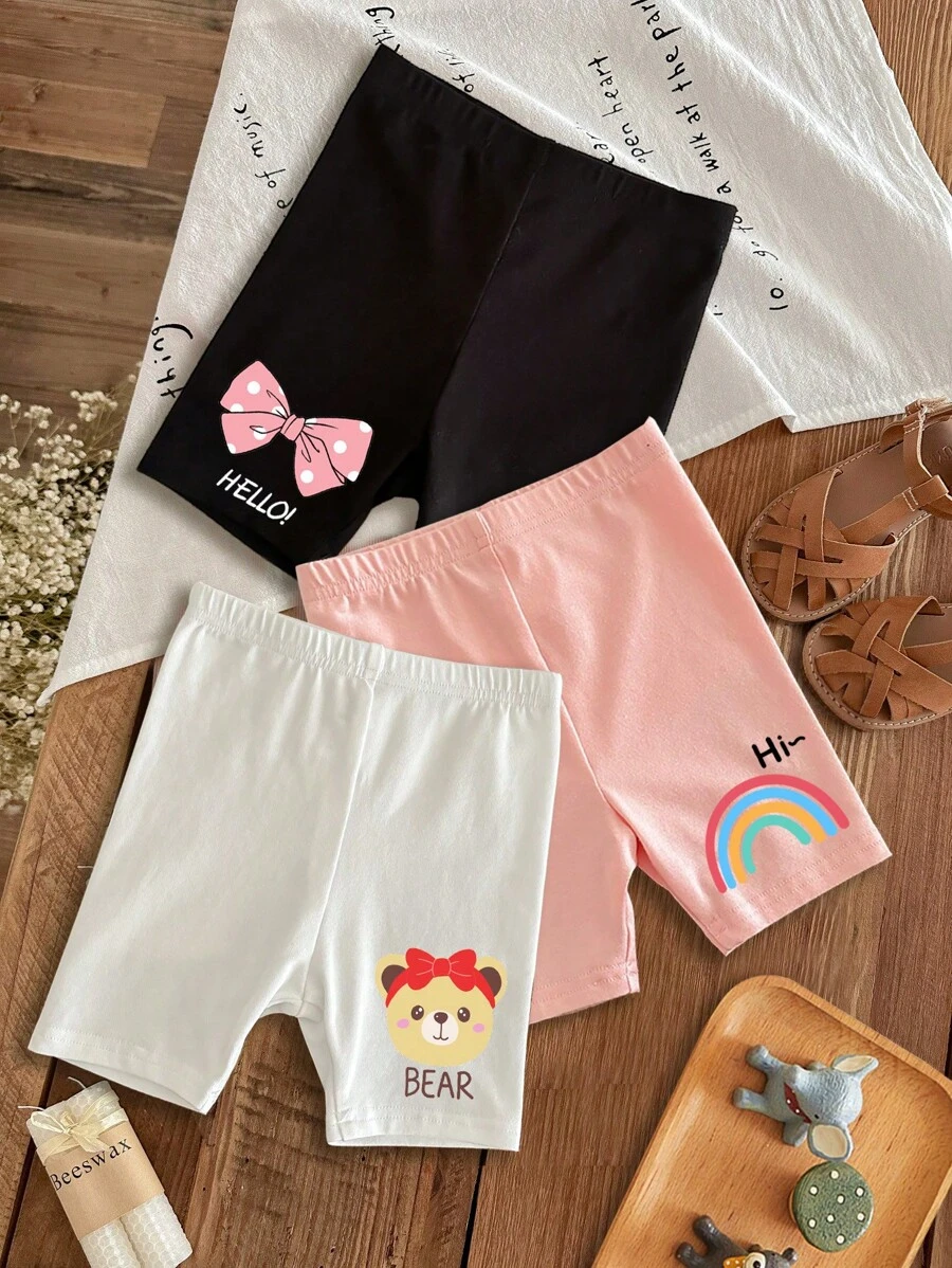 SHEIN ModeFlare Wear Cute Baby Girl Casual Short Bottoms With Bear, Rainbow, And Bow Illustration, 3pcs Set (Pink, White, Black), Suitable For Summer, Daily Wear, And Commuting