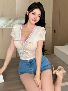 DAZY Women's Fashionable Sheer Lace Short Sleeve Top,Crop Tops Women - Beige - View 2