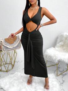 VaVaBold Vestido de verano sin mangas y estilo sexy con frente retorcido de unicolor, con cortes recortados y plisados