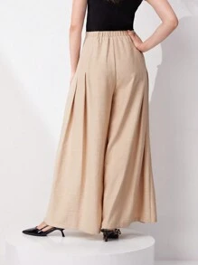 Seusyu Women's Solid Color High Waisted Pleated Wide Leg Daily Commuting Suit Pants - Khaki - View 2